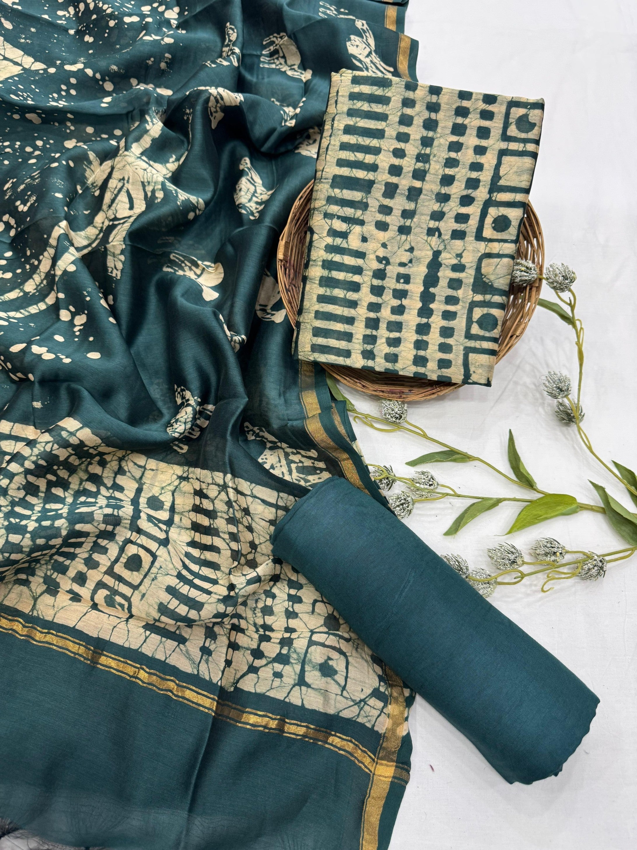 Wholesale Chanderi Silk Handblock Printed Dress Material – Blue Checks Design, Artisan-Crafted in Rajasthan for Designers, Boutiques, and Bulk Orders